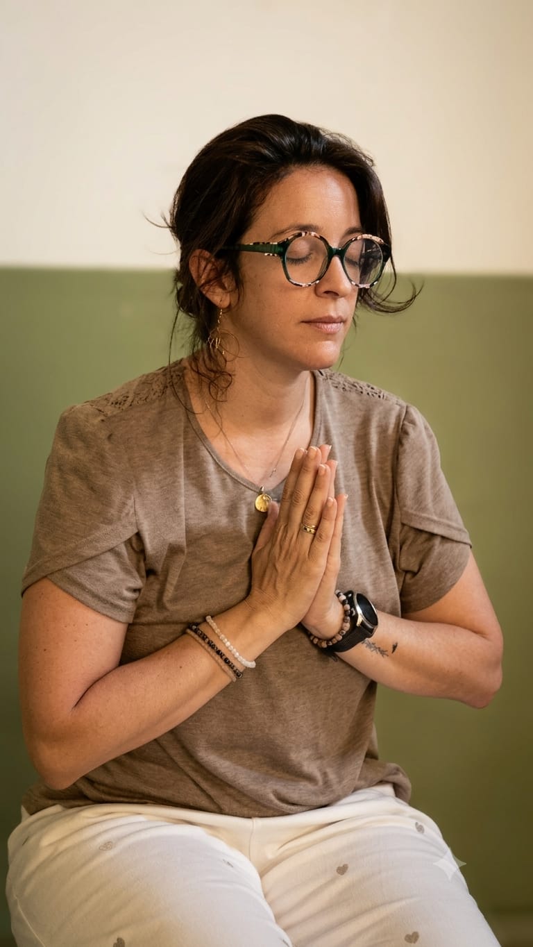 Retrato de Pilar meditando, sentada, con las manos juntas frente al pecho